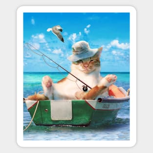 Cute Cat Fishing On Ocean Boat Sticker